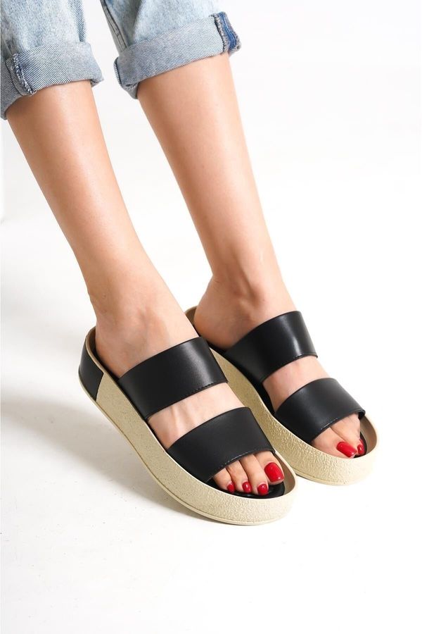 Capone Outfitters Capone Outfitters Capone Double-Stripes with Colorful Detailed Wedge Heels Women's Black Slippers.