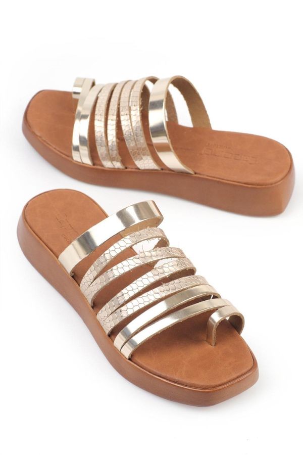 Capone Outfitters Capone Outfitters Capone Toe Detail Multi-Stripes Gold Women's Leather Slippers.