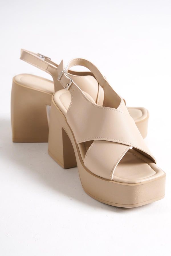 Capone Outfitters Capone Outfitters Capone Women's Chunky Toe Crossover Wide Strap Platform Heels Beige Women's Sandals