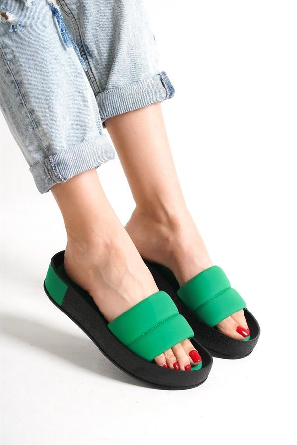 Capone Outfitters Capone Outfitters Capone Women's Quilted Strap, Colorful Detailed Wedge Heel Matte Satin Green Women's Slippers.