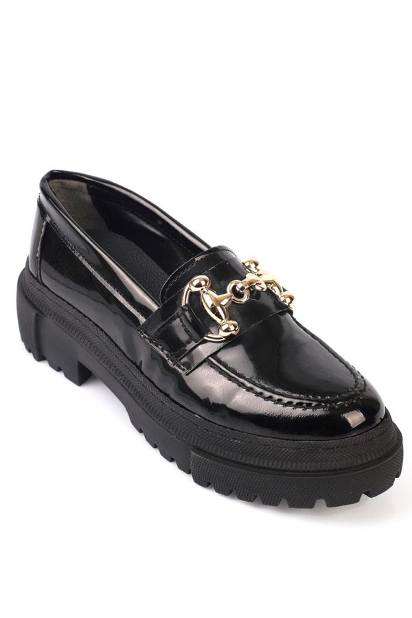 Capone Outfitters Capone Outfitters Oval Toe Metal Buckle Trak Sole Women's Patent Leather Black Gold Loafer