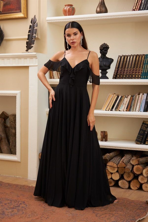 Carmen Carmen Black Chiffon Long Evening Dress with Ruffles on the chest.