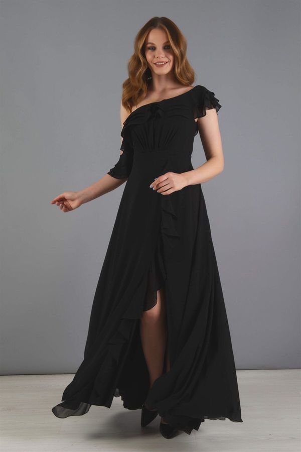Carmen Carmen Black Chiffon Shoulder Flounce Slit Evening Dress