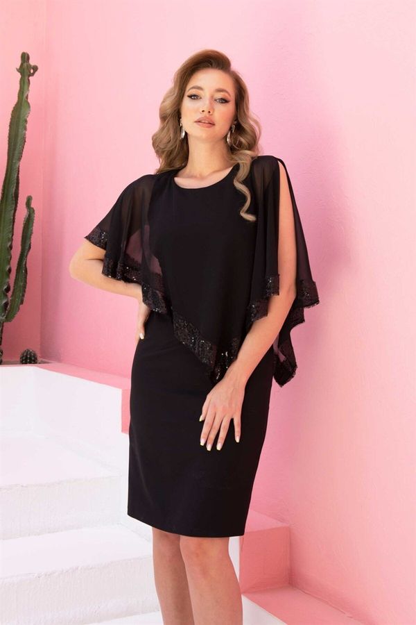 Carmen Carmen Black Crepe Sequined Plus Size Evening Dress