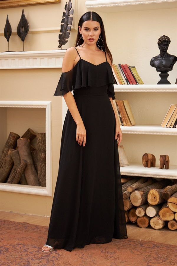 Carmen Carmen Black Low Sleeve Strappy Long Evening Dress
