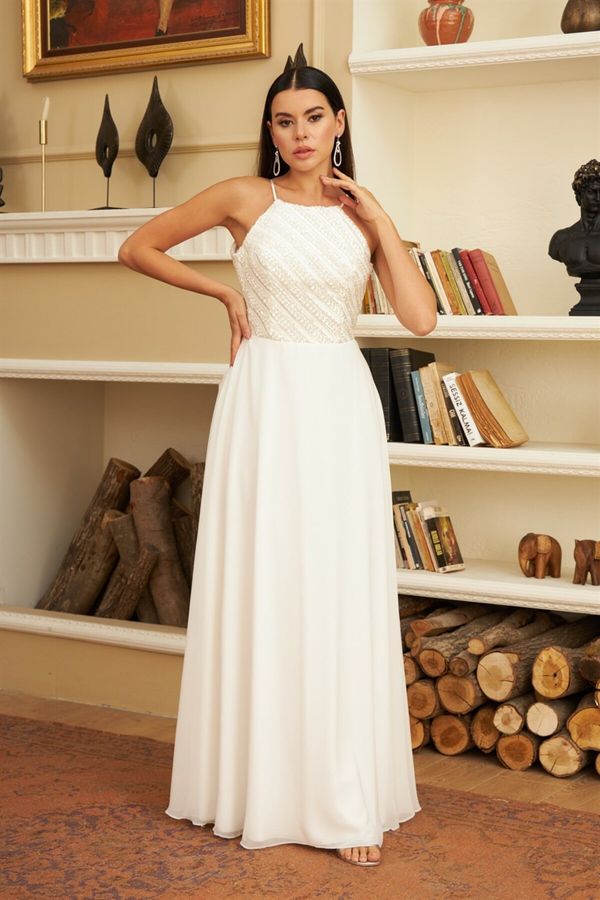 Carmen Carmen Ecru Chiffon Sequined Long Wedding Dress