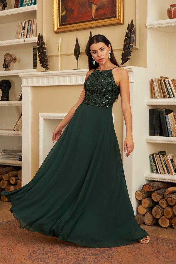 Carmen Carmen Emerald Sequined Long Evening Dress