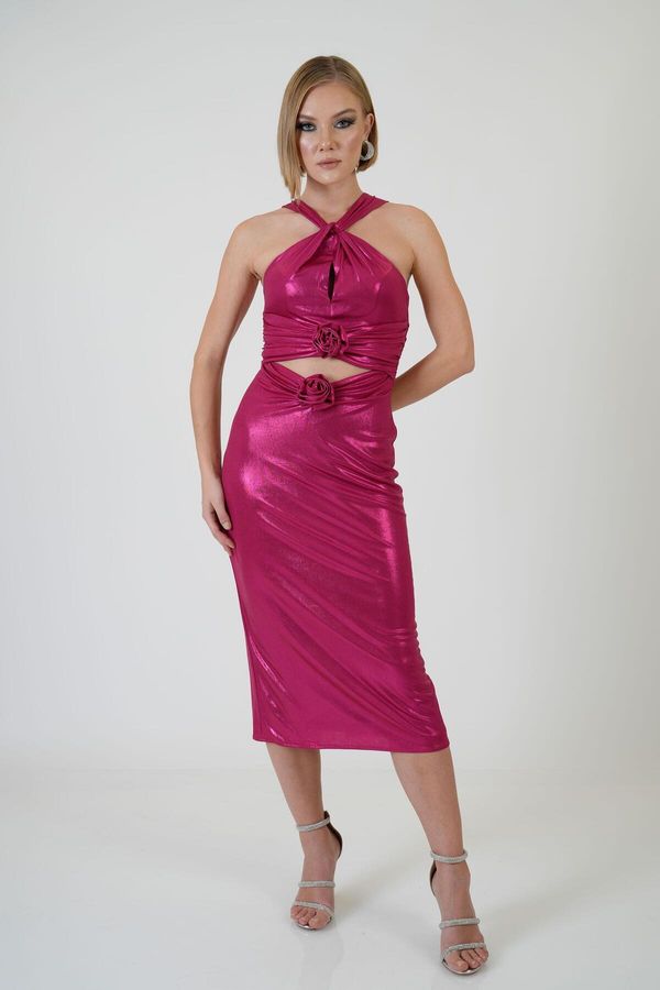 Carmen Carmen Fuchsia Rose Detailed Decollete Sandy Evening Dress