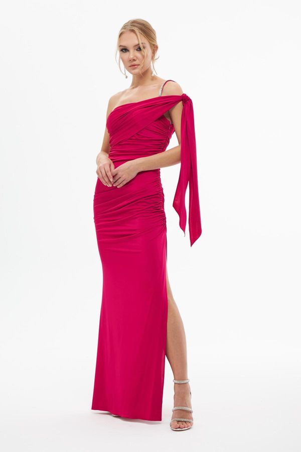 Carmen Carmen Fuchsia Sandy One Sleeve Slit Long Evening Dress