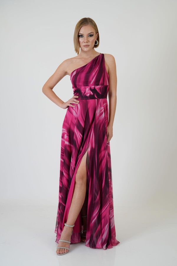 Carmen Carmen Fuchsia Single Sleeve Slit Printed Evening Dress