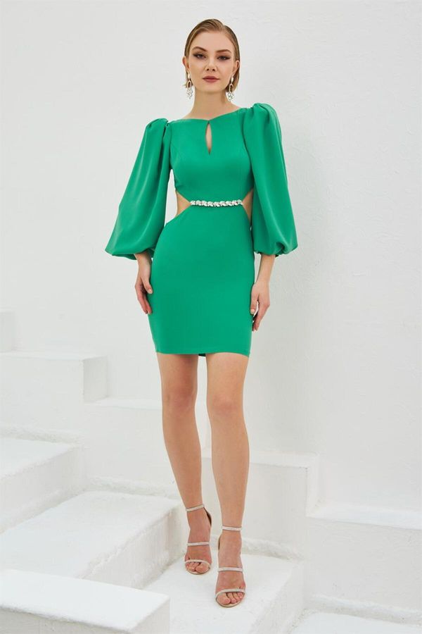 Carmen Carmen Green Crepe Stone Balloon Sleeve Short Evening Dress