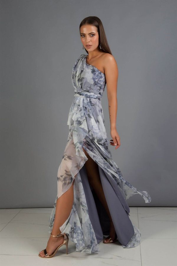 Carmen Carmen Indigo Impregnation Single Sleeve Slit Long Evening Dress