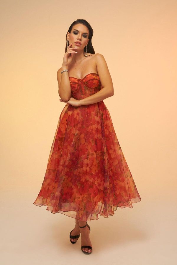 Carmen Carmen Orange Impregnation Strapless Midi Evening Dress