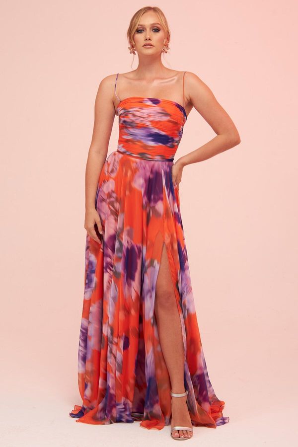 Carmen Carmen Orange Straps and Slits Evening Dress.