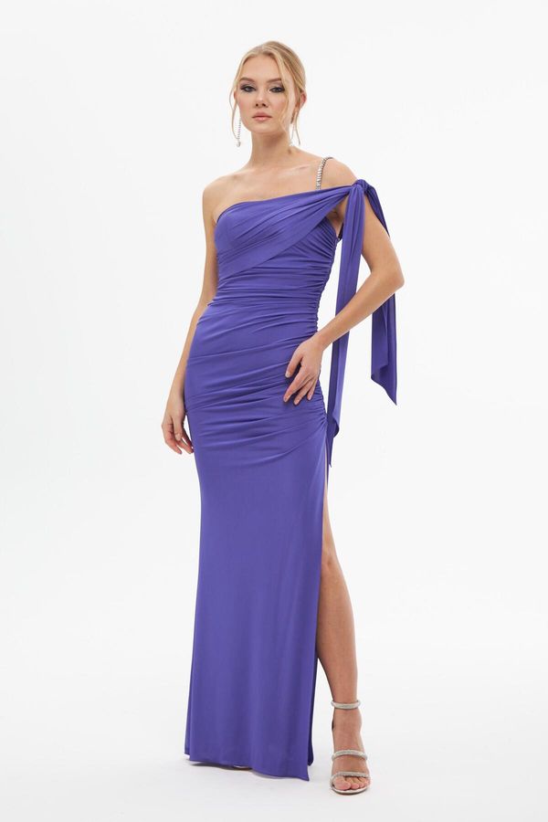 Carmen Carmen Purple Sandy Single Sleeve Slit Long Evening Dress