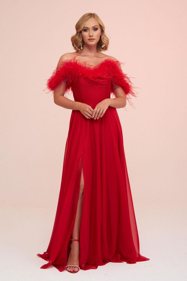 Carmen Carmen Red Chiffon Feathered Slit Long Evening Dress