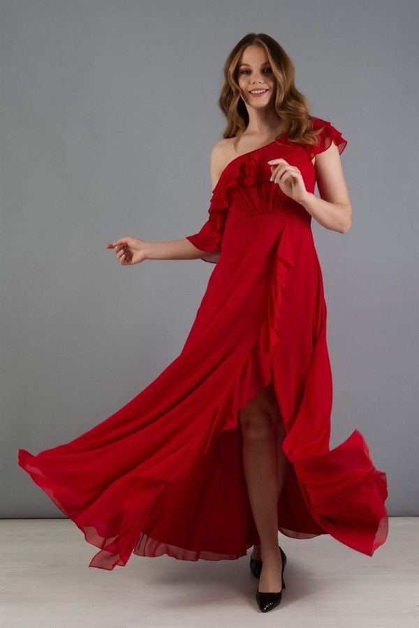 Carmen Carmen Red Chiffon Shoulder Flounce Slit Evening Dress