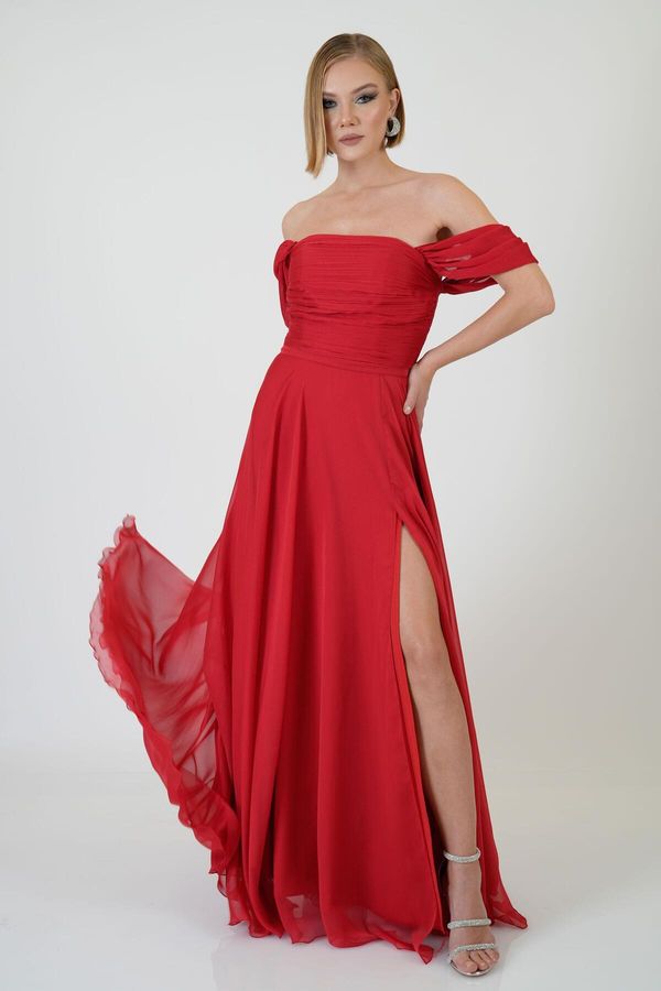 Carmen Carmen Red Low Sleeve Slit Chiffon Evening Dress