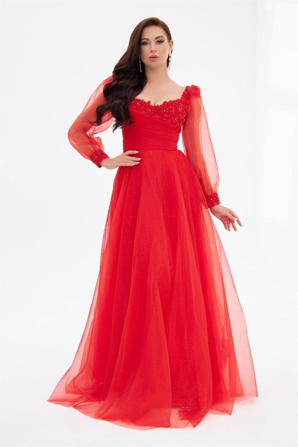 Carmen Carmen Red Silvery Tulle Front Embroidered Long Sleeve Engagement Dress