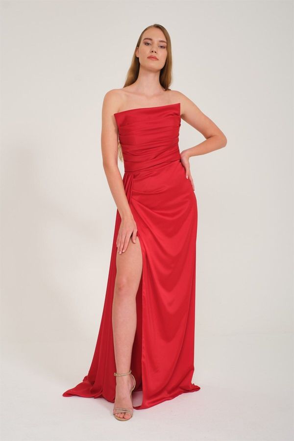Carmen Carmen Red Slit Satin Evening Dress With Cat Ears Dress