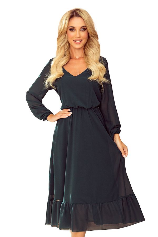 NUMOCO Chiffon midi dress with a neckline and ruffle Numoco