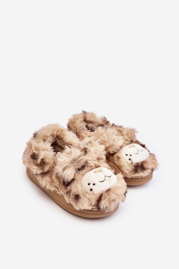 Kesi Children's fur slippers with teddy bear, Beige Apolania