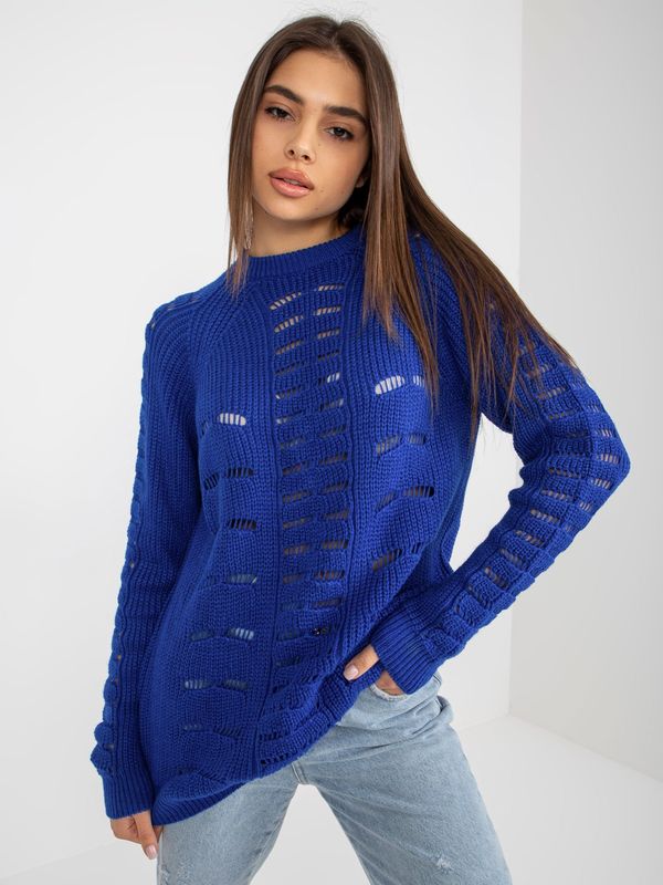 Fashionhunters Cobalt blue oversized sweater with openwork pattern