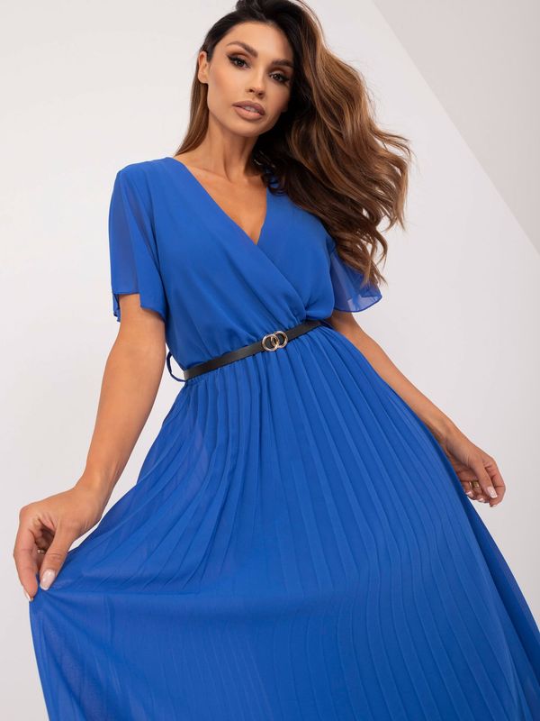 Fashionhunters Cobalt Blue Pleated Viscose Dress