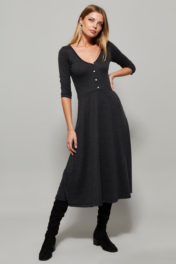 Cool & Sexy Cool & Sexy Women's Anthracite Button Accessory V-Neck Dress