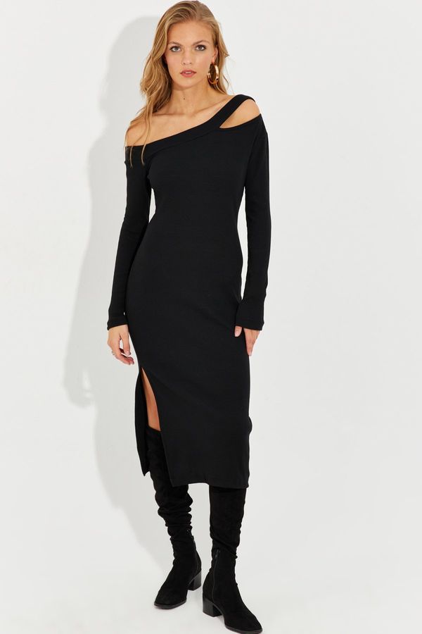 Cool & Sexy Cool & Sexy Women's Black Asymmetric Collar Windowed Slit Midi Dress