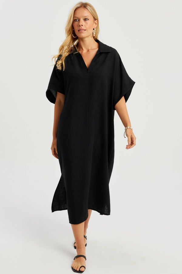 Cool & Sexy Cool & Sexy Women's Black Linen Midi Dress DMR85