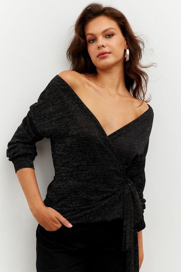 Cool & Sexy Cool & Sexy Women's Black Silvery Double Breasted Blouse