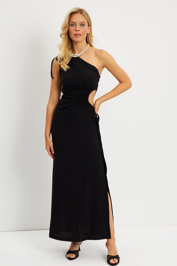 Cool & Sexy Cool & Sexy Women's Black Single Shoulder Wrap Midi Dress