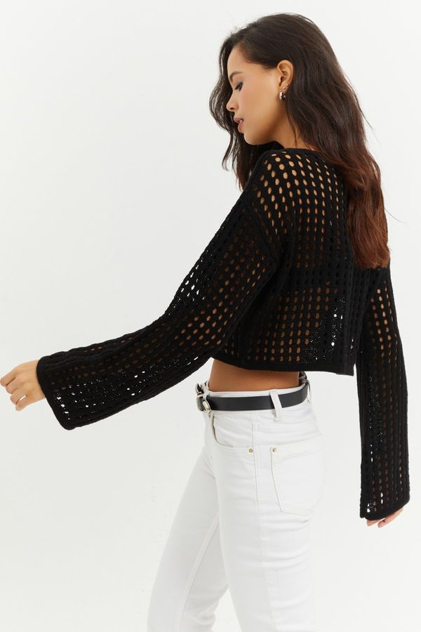 Cool & Sexy Cool & Sexy Women's Black Spanish Sleeve Openwork Knitwear Short Blouse