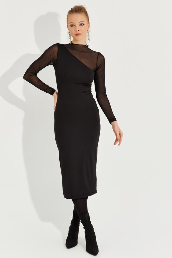 Cool & Sexy Cool & Sexy Women's Black Tulle Detailed Asymmetric Midi Dress
