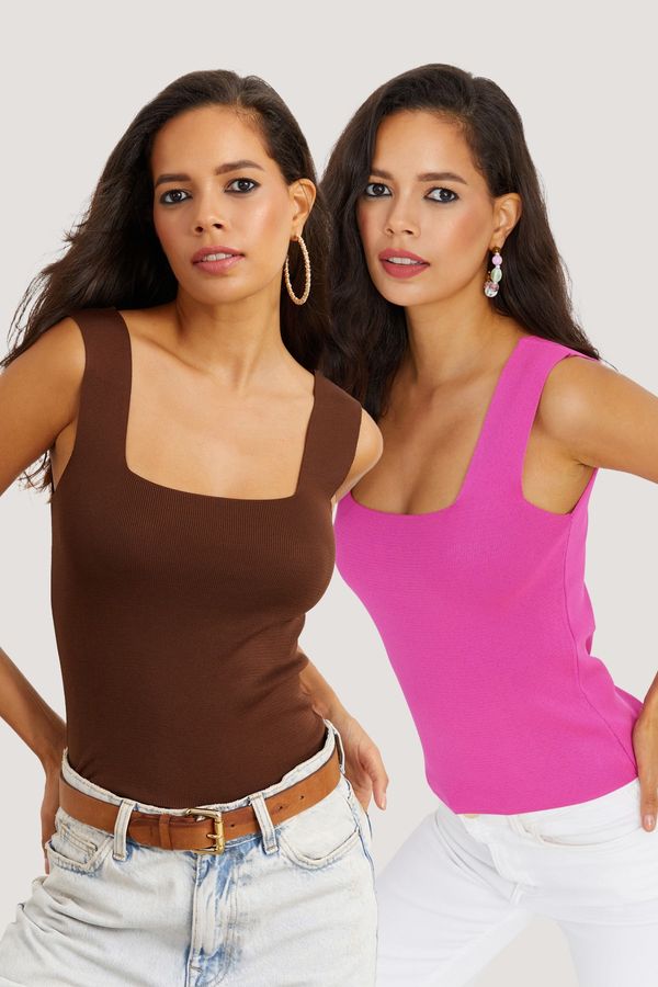 Cool & Sexy Cool & Sexy Women's Brown-Pink Two-Piece Square Collar Knitwear Blouse YV124