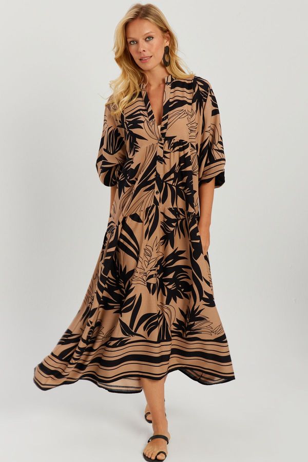 Cool & Sexy Cool & Sexy Women's Camel-Black Patterned Loose Maxi Dress GO166