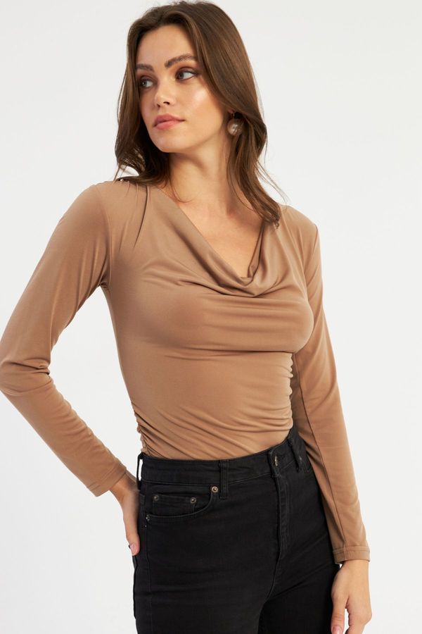 Cool & Sexy Cool & Sexy Women's Camel Cowl Collar Gathered Blouse