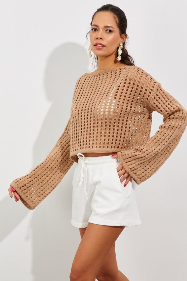 Cool & Sexy Cool & Sexy Women's Camel Spanish Sleeve Openwork Knitwear Short Blouse