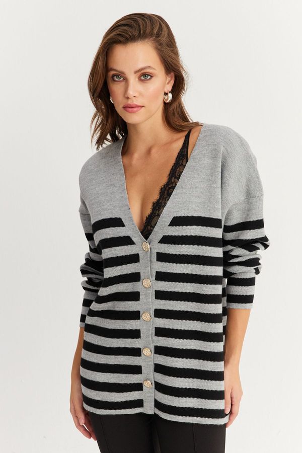 Cool & Sexy Cool & Sexy Women's Gray-Black Striped Knitwear Cardigan CNG3