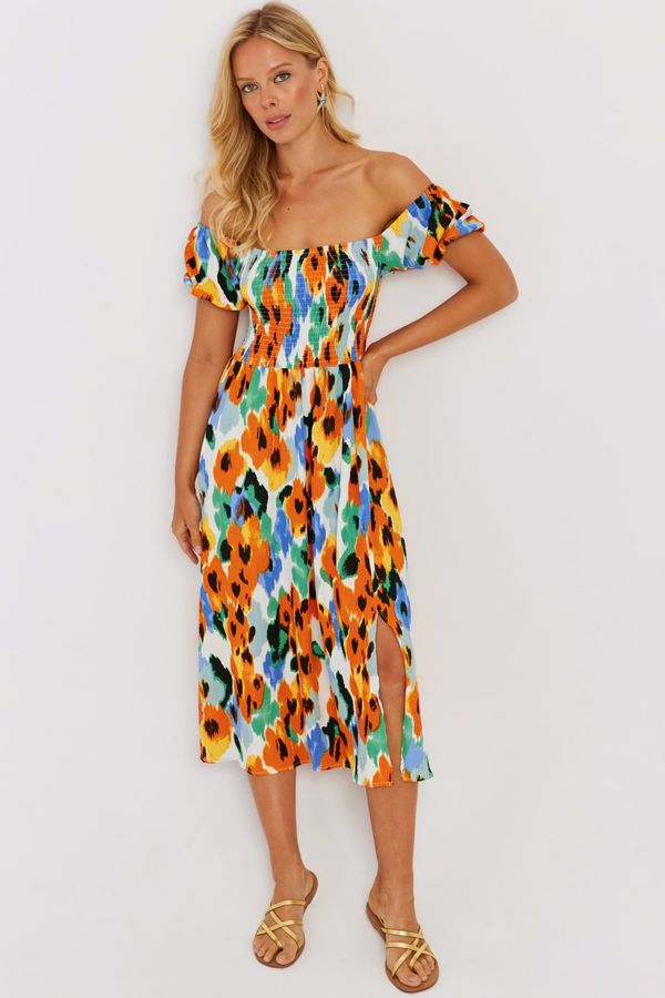 Cool & Sexy Cool & Sexy Women's Orange Gimped Patterned Midi Dress