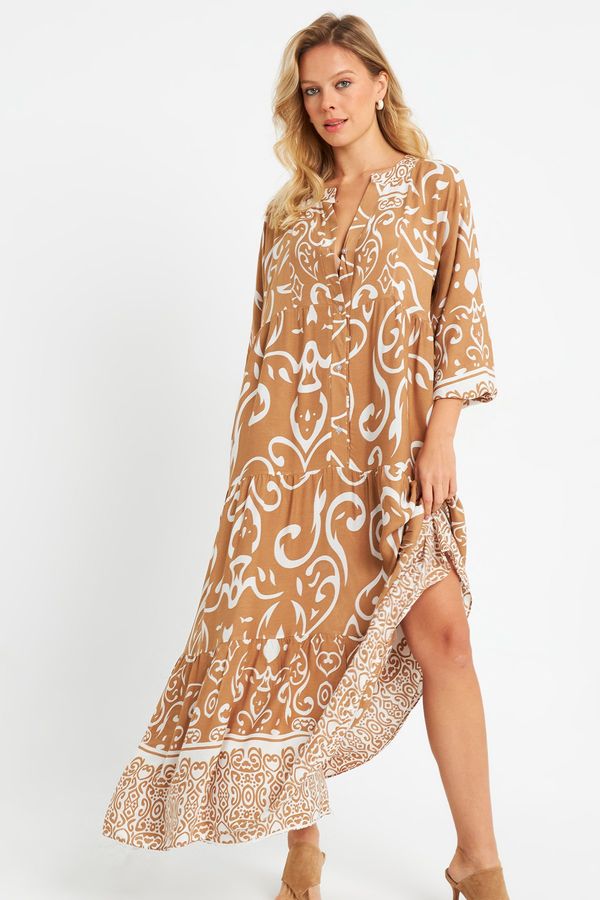 Cool & Sexy Cool & Sexy Women's Patterned Loose Maxi Dress Camel Q981
