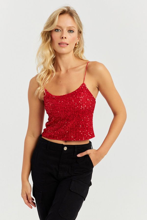Cool & Sexy Cool & Sexy Women's Red Rope Strap Sequined Crop Blouse