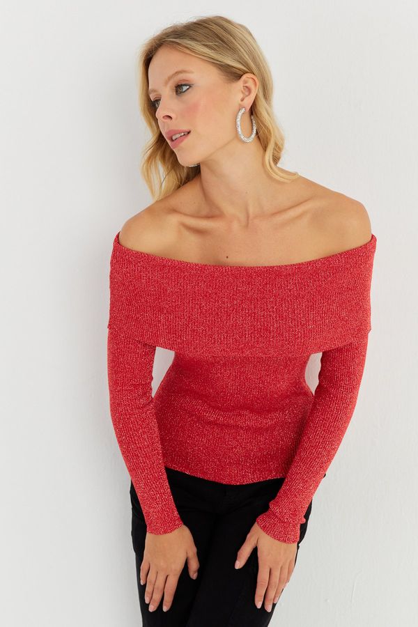 Cool & Sexy Cool & Sexy Women's Red Silvery Madonna Knitwear Blouse KZ531