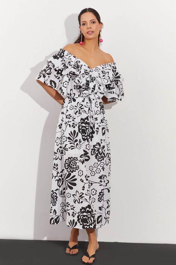 Cool & Sexy Cool & Sexy Women's White-Black Ruffled Front Back V Patterned Midi Dress
