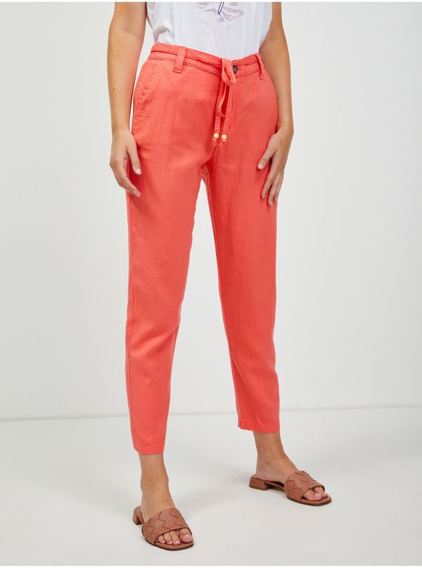 Orsay Coral cropped linen chinos with ties ORSAY