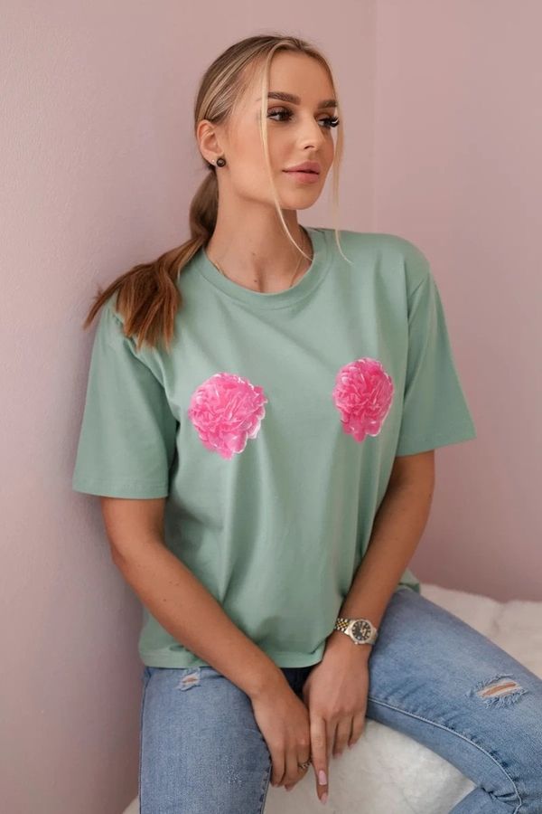 Kesi Cotton blouse with flower print dark mint