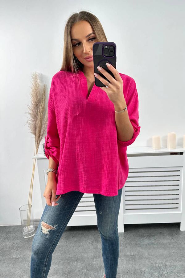 Kesi Cotton blouse with rolled-up fuchsia sleeves