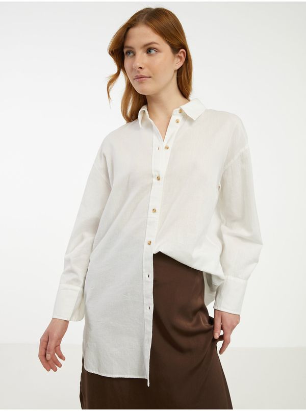 Fransa Creamy Women's Long Shirt with Linen Fransa - Ladies