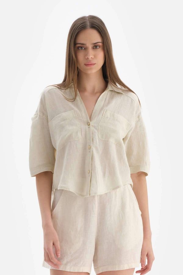 Dagi Dagi Beige Linen Short Shirt